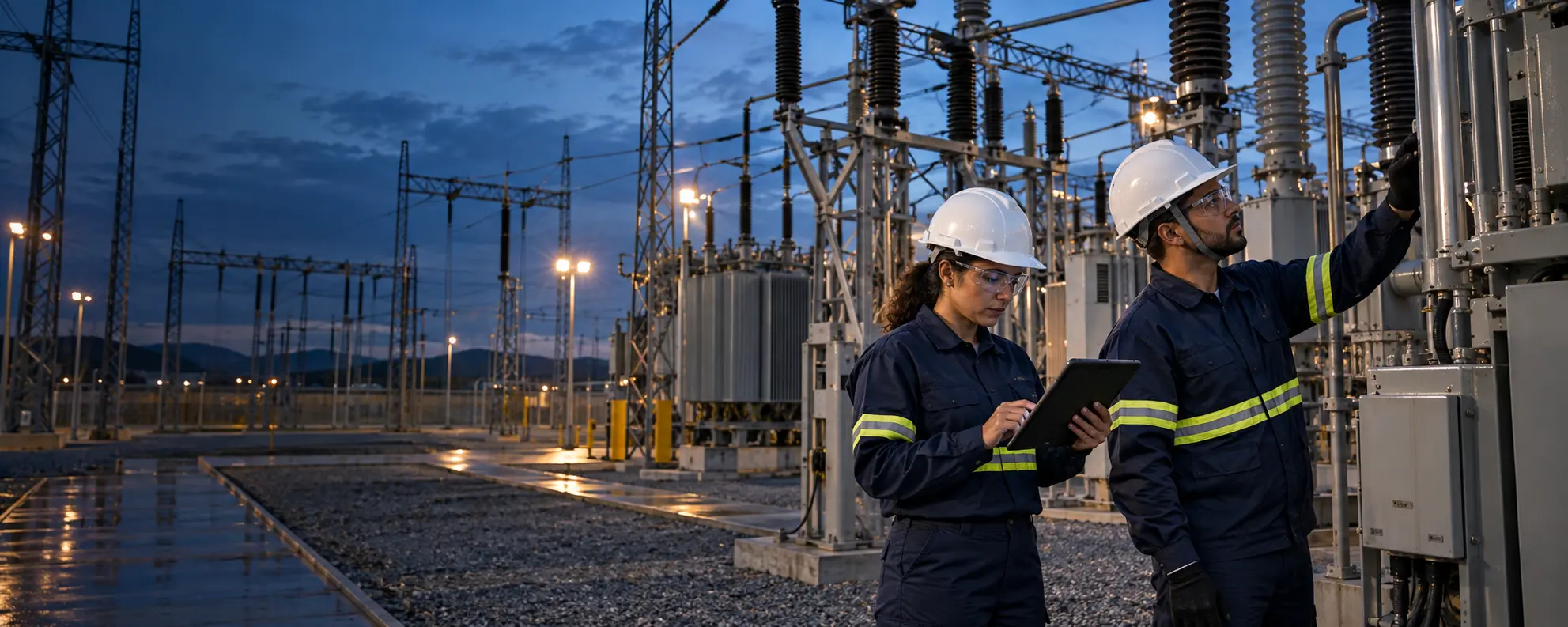Engenheiros em atividade técnica em uma subestação elétrica