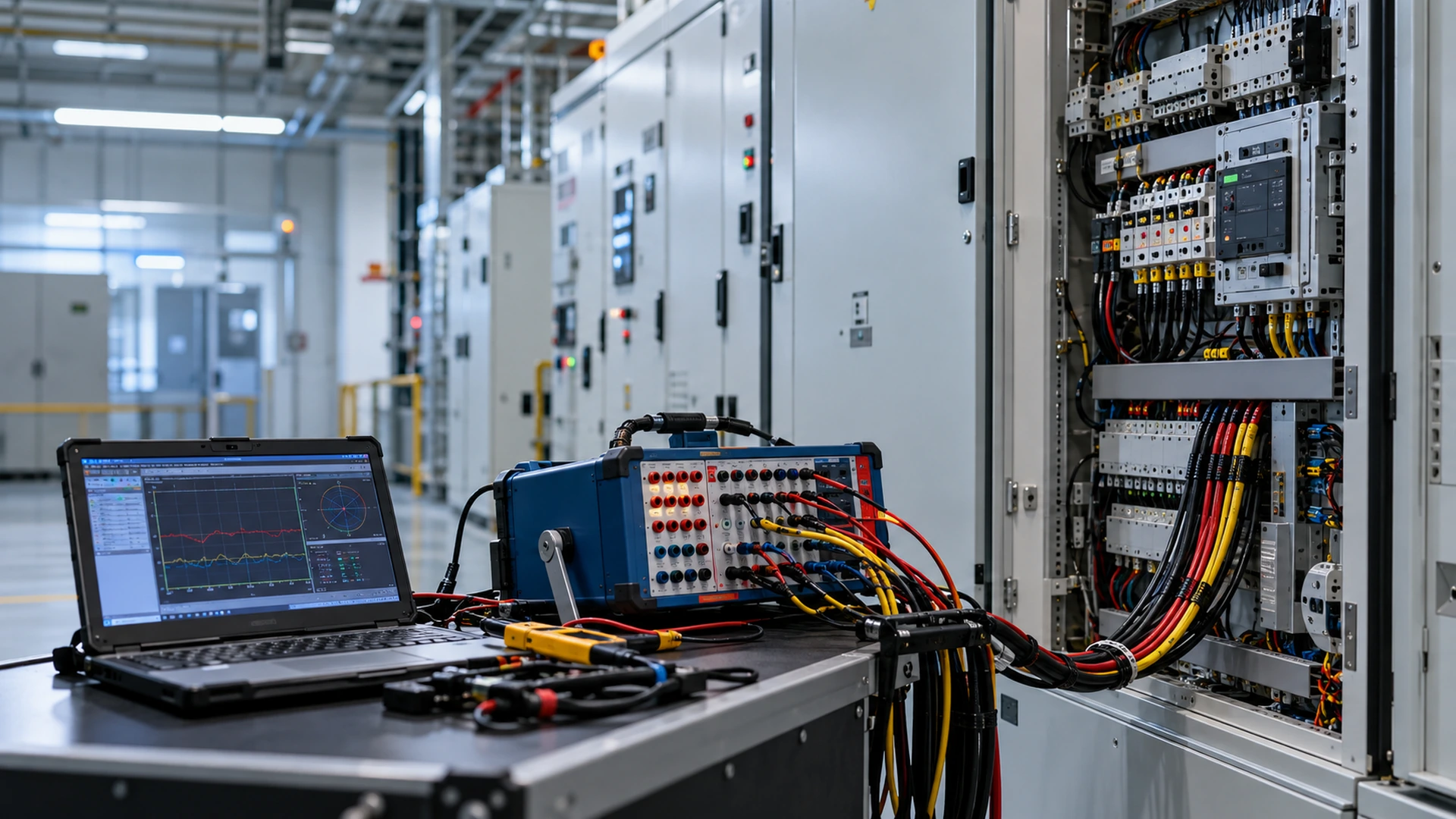 Instrumentação conectada a painel elétrico para ensaios e comissionamento