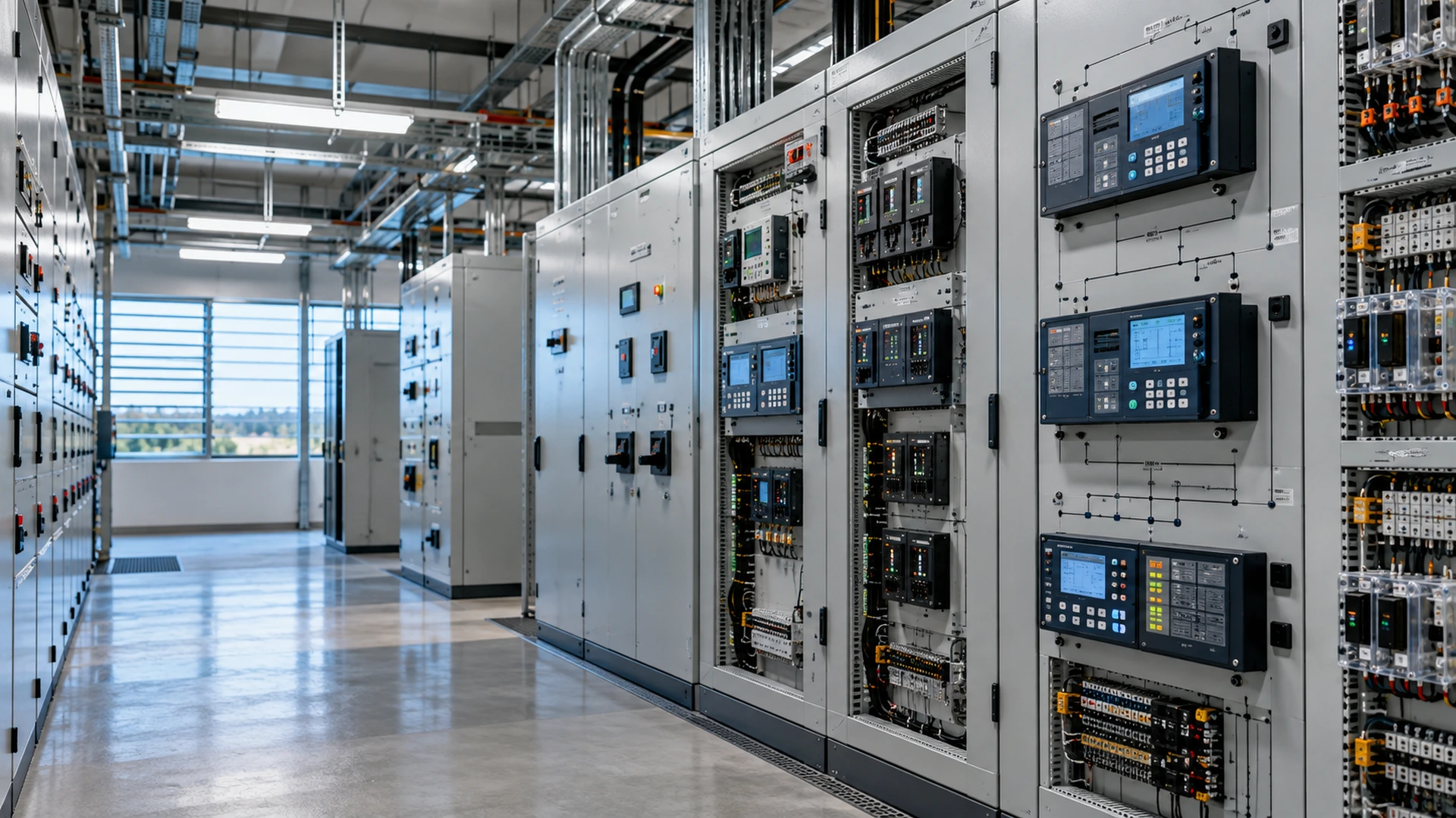 Sala de proteção e controle com painéis e relés digitais